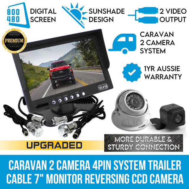 Elinz Caravan Two Camera 4PIN System Trailer cable 7" Monitor HD 12V/24V Reversing CCD Camera Kit