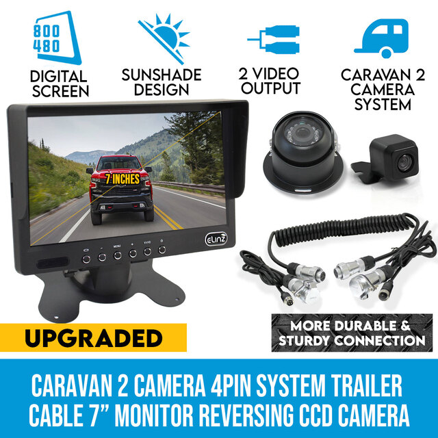 Elinz Caravan 2x Camera Reversing 4PIN CCD Kit System Trailer Cable 7" Monitor HD 12V/24V Black