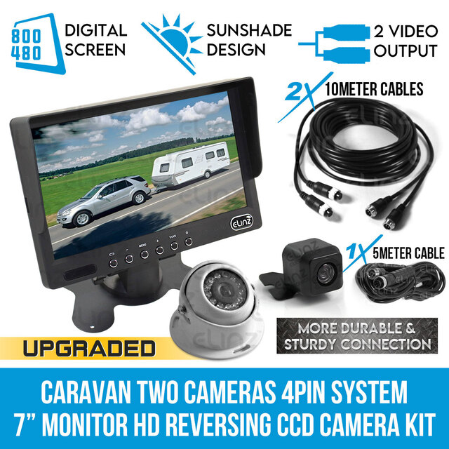 Elinz Caravan Two Camera 4PIN System 7" Monitor HD 12V/24V Reversing CCD Camera Kit