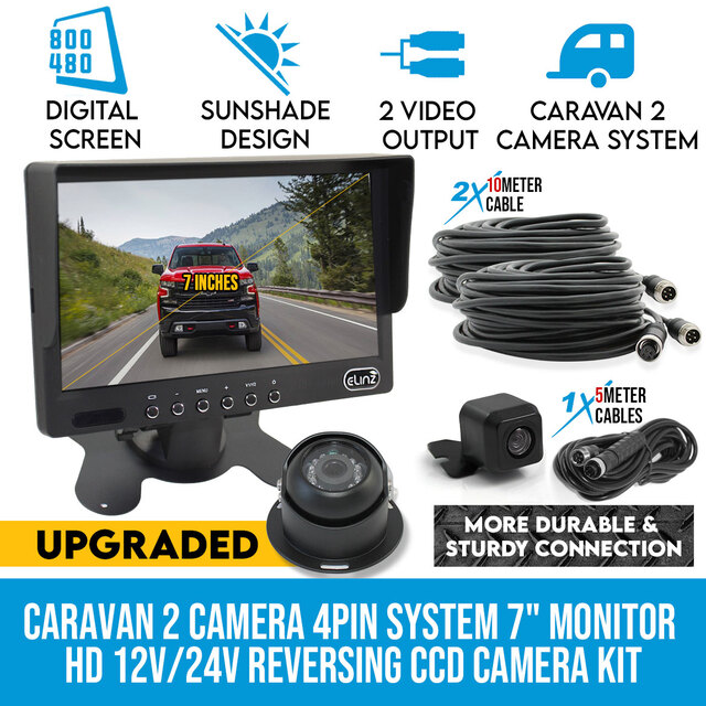 Elinz Caravan Two Camera Reversing 4PIN CCD Kit System 7" Monitor HD 12V/24V Black