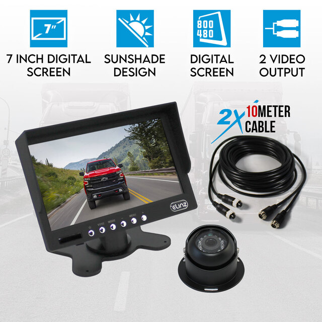 Elinz 7" Monitor HD 12V/24V Reversing CCD Eyeball Camera (BLACK) Truck Caravan