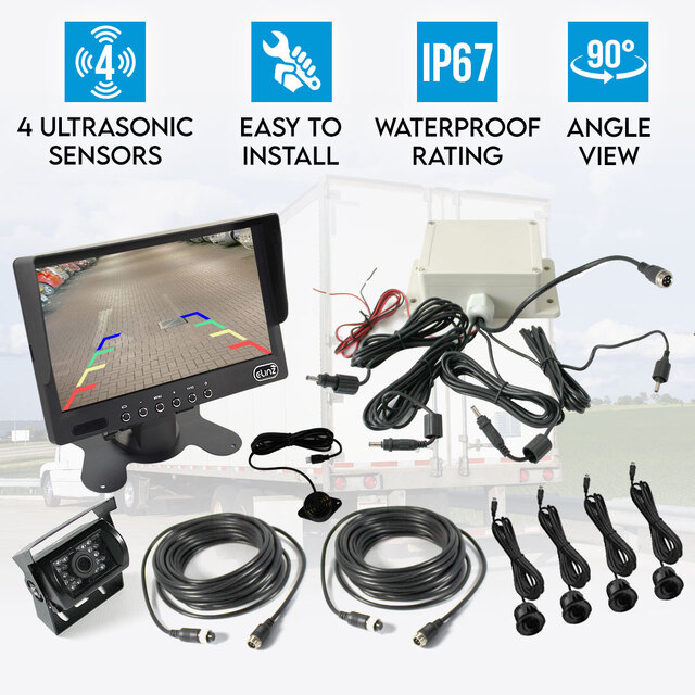 Elinz 7" Monitor Car CCD 4PIN Reversing Camera 90 Degrees 600TVL Ultrasonic Parking Sensors