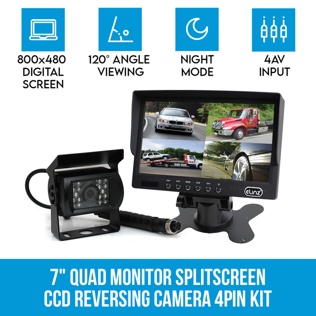 Elinz 7" Quad Monitor Splitscreen CCD Reversing Camera 4PIN Kit Truck Caravan