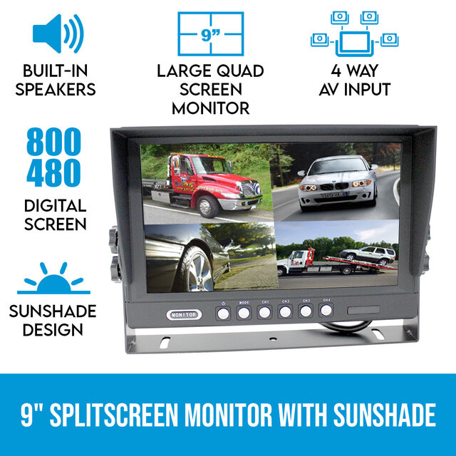Elinz 9" Splitscreen Monitor 4PIN Rearview 12V/24V Sunshade 4 AV Inputs 800x480