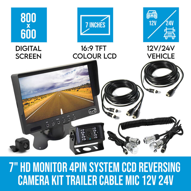 Elinz 7" HD Monitor 4PIN System CCD Reversing Camera Kit Trailer Cable MIC 12V 24V