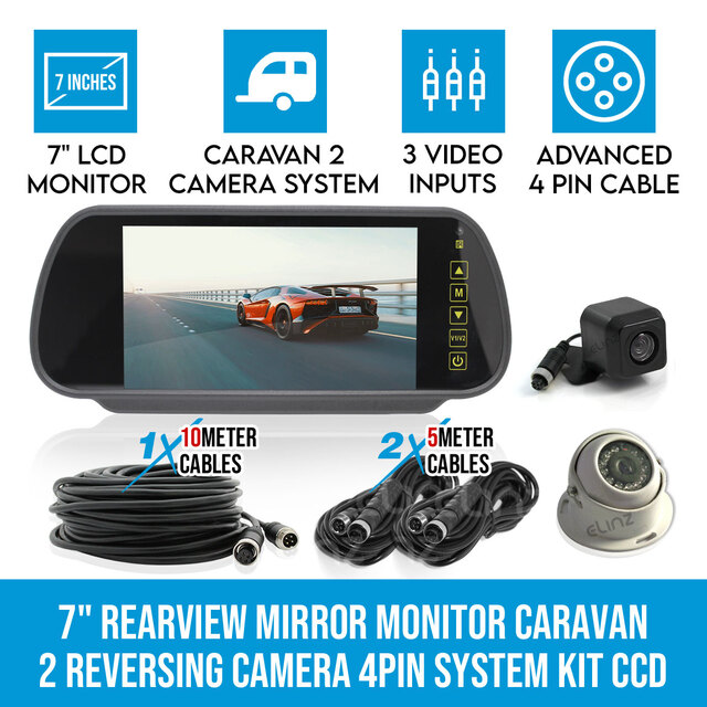 Elinz 7" Rearview Mirror Monitor Caravan 2 Reversing Camera 4PIN System Kit CCD