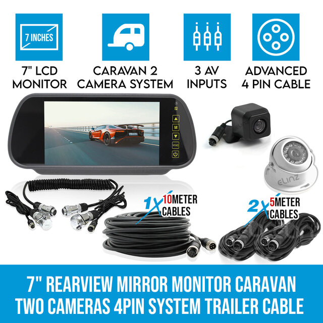 Elinz 7" Rearview Monitor Caravan 2 Reversing Camera 4PIN System Kit CCD Trailer cable