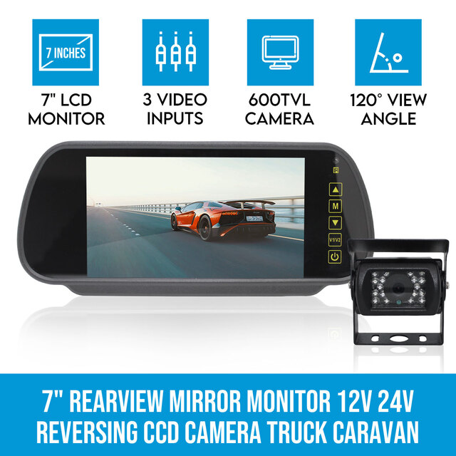 Elinz 7" Rearview Mirror Monitor 12V 24V Reversing CCD Camera Truck Caravan