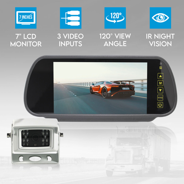 Elinz 7" Rearview Mirror Monitor 12V 24V 3 Video Inputs 4 PIN Heavy Duty White IR Reversing Camera with Built-in Mic