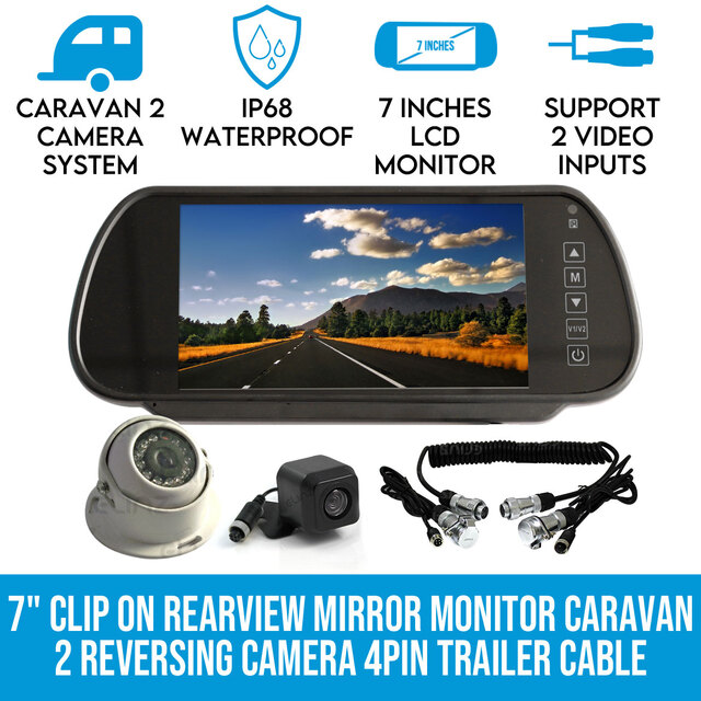 Elinz 7" Clip on Rearview Mirror Monitor Caravan 2 Reversing Camera 4PIN Trailer Cable