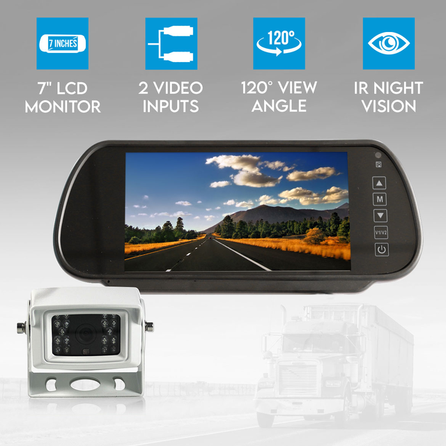 Elinz 7" Clip on Rearview Mirror Monitor 12V 24V 4 PIN Heavy Duty White IR Reversing Camera with Built-in Mic
