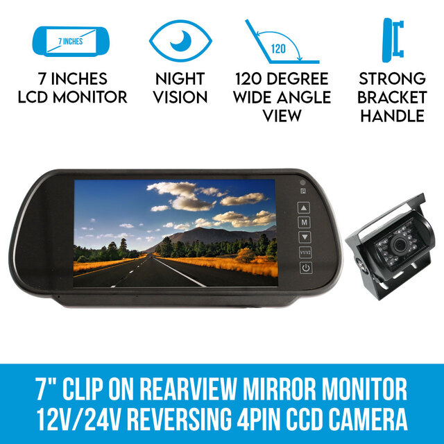 Elinz 7" Clip on Rearview Mirror Monitor 12V/24V Reversing 4PIN CCD Camera Car Caravan