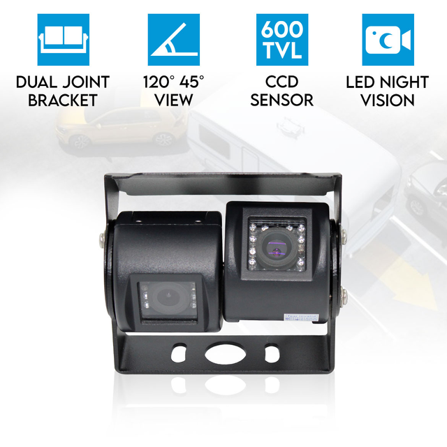 Elinz Dual Twin Joint Bracket 2x 4PIN Heavy Duty 12V/24V CCD Car Truck Reversing Camera MIC 600 TVL