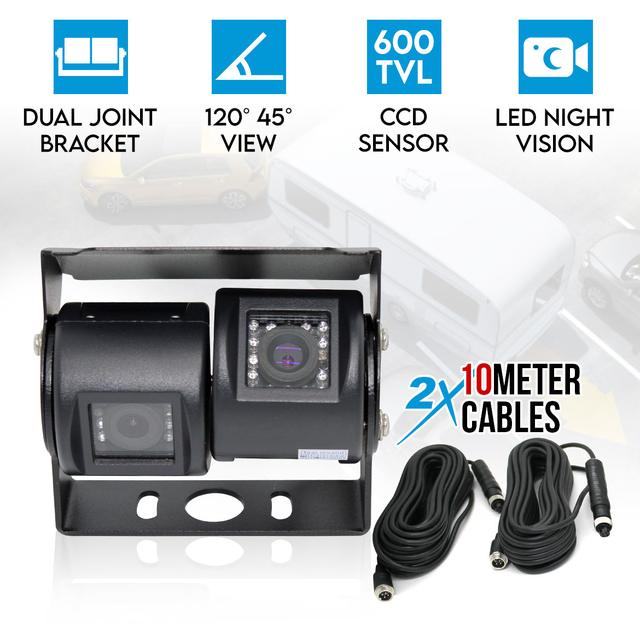 Elinz Dual Twin Joint Bracket CCD Reversing Camera MIC 600 TVL 2x 4PIN 10M Cable 12V/24V Car Truck