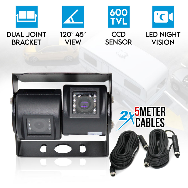 Elinz Dual Twin Joint Bracket CCD 4PIN Reversing Camera MIC 600 TVL 2x 5M Cable 12V/24V Car Truck
