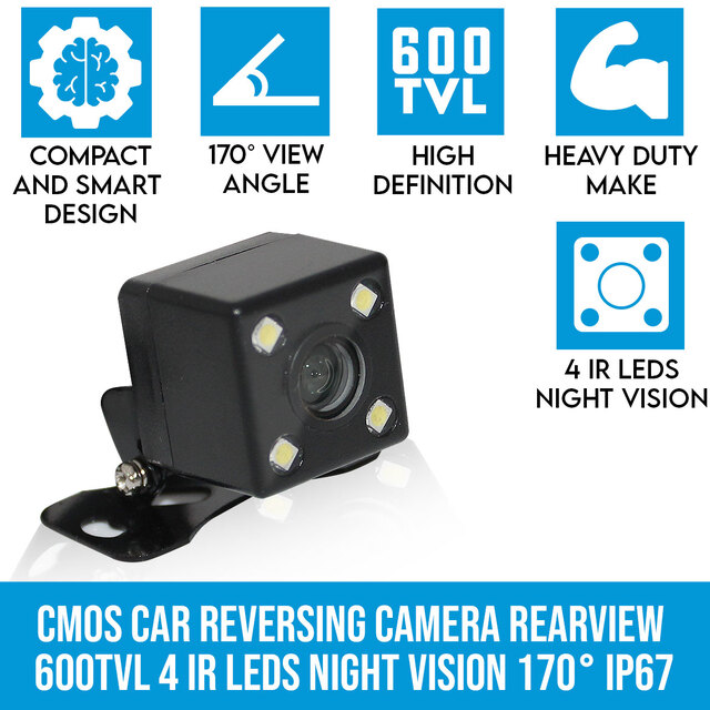 Elinz CMOS Car Reversing Camera Rearview 600TVL 4 IR LEDs Night Vision 170° 12V IP67