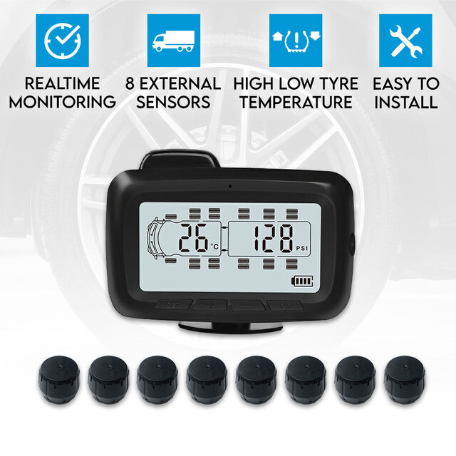 Elinz Wireless TPMS Tire Tyre Pressure Monitoring System 8x External Sensors Caravan