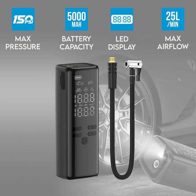 2 in 1 Wireless Car Air Pump 150PSI with Screen Display & Mobile Charging – 25L/Min Airflow 5000mAh Battery LED Light