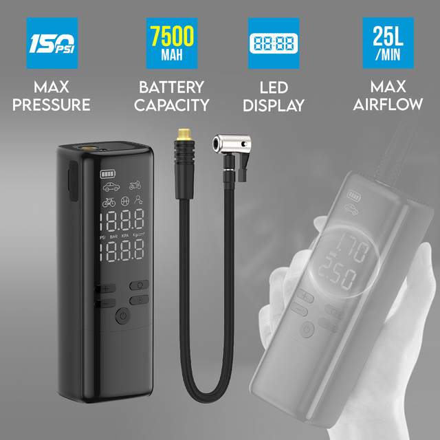 2 in 1 Wireless Car Air Pump 150PSI with Screen Display & Mobile Charging – 25L/Min Airflow 7500mAh Battery LED Light