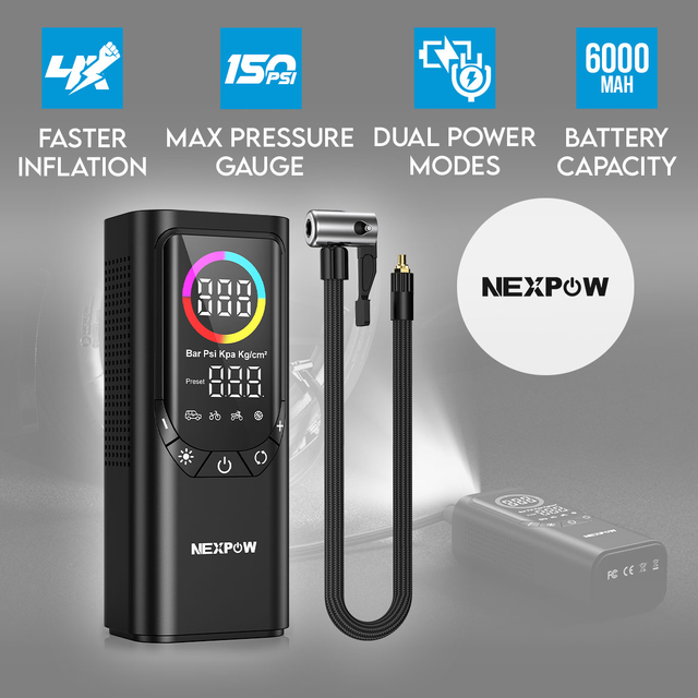 NEXPOW NP17 Portable Car Tyre Inflator 6000mAh Battery Capacity Max Pressure 150PSI 19L/min Air Flow