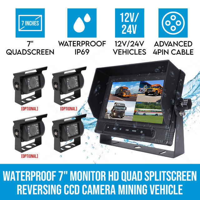 Elinz 7" Quad Screen Waterproof Monitor HD 12V/24V Reversing CCD Camera Mining Vehicle Truck Caravan Boat