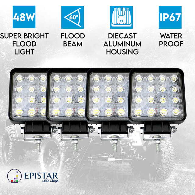 Elinz 4x 4" LED Work Light Square Flood Lamp 60° IP67 Offroad Tractor Jeep 12V 24V