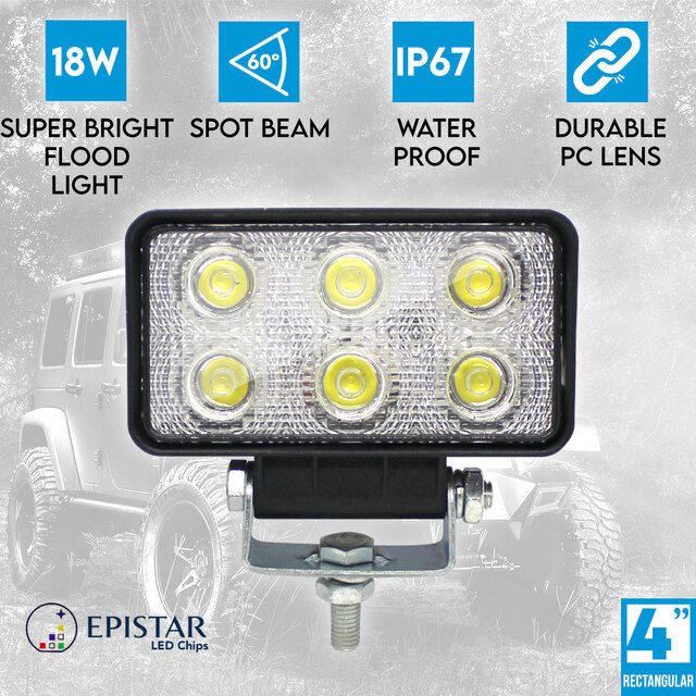Elinz 4" 18W LED Work Light Rectangular 60° Flood Lamp Fog IP67 Offroad Jeep 12V 24V