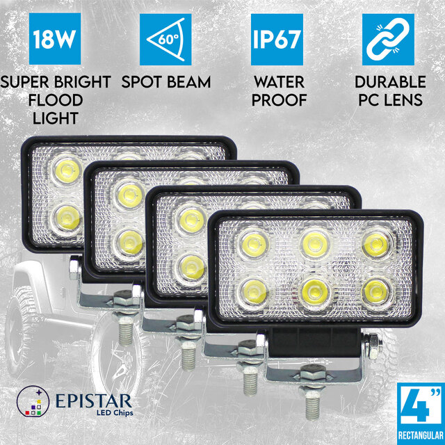 Elinz 4x 4" LED Work Light 72W Rectangular Flood Lamp 60° Fog IP67 Offroad 12V 24V